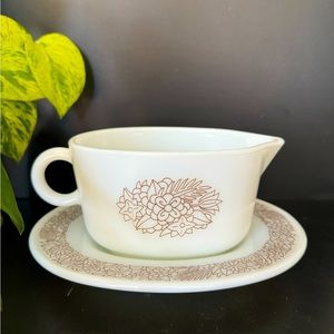 SOLD—Vintage PYREX Woodland gravy boat and underplate